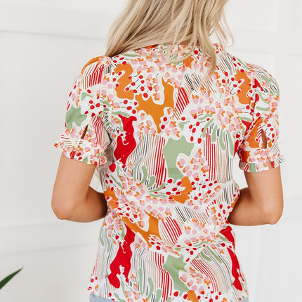 Printed Notched Short Sleeve Blouse