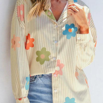 Striped Flower Button Up Long Sleeve Shirt