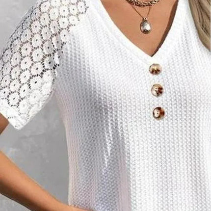 Waffle-Knit V-Neck Short Sleeve Top