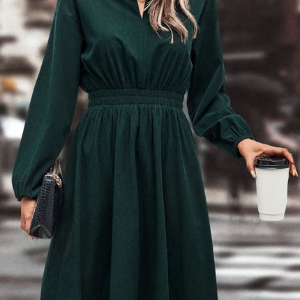 Smocked Johnny Collar Long Sleeve Dress