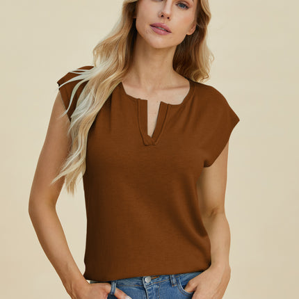 Double Take Full Size Notched Cap Sleeve Knit Top