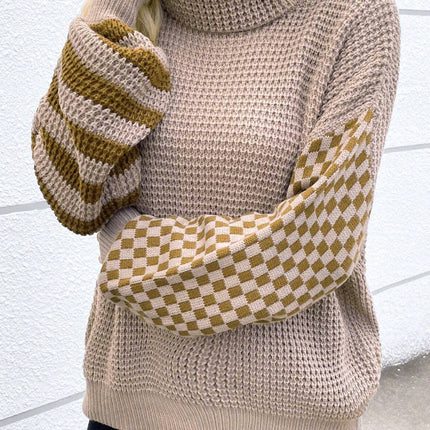 Striped & Checkered Turtleneck Dropped Shoulder Sweater