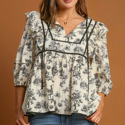 Umgee Ruffled Tie Neck Puff Sleeve Babydoll Blouse