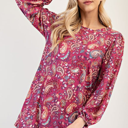 Celeste Full Size Paisley Round Neck Balloon Sleeve Top