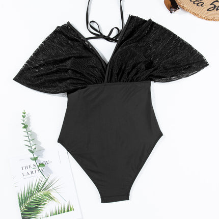 Tied Lace Detail V-Neck Half Sleeve One-Piece Swimwear