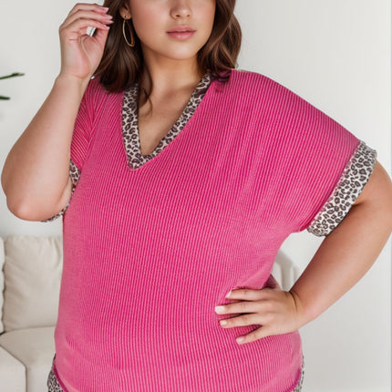 Plus Size Leopard V-Neck Short Sleeve T-Shirt