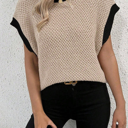 Contrast Round Neck Cap Sleeve Knit Top