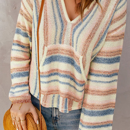 Contrast Striped Dropped Shoulder Hooded Knit Top