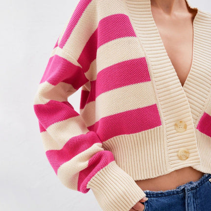 Striped Button Down Drop Shoulder Cardigan