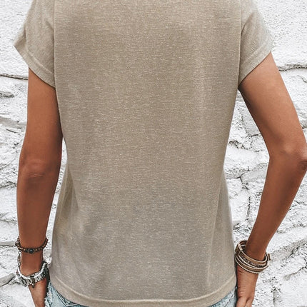 Decorative Button Round Neck Short Sleeve Blouse