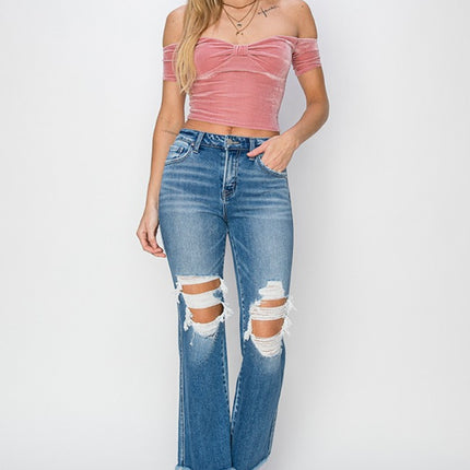 RISEN Mid Rise Distressed Cropped Flare Jeans