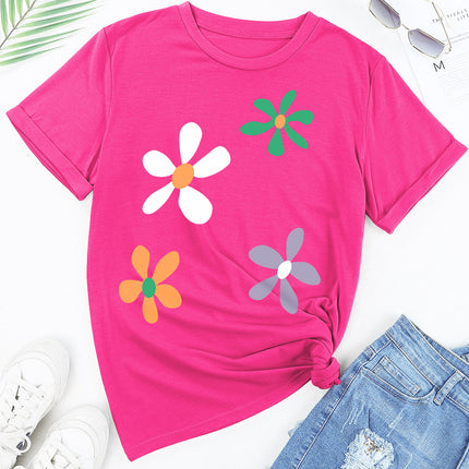 Flower Round Neck Short Sleeve T-Shirt