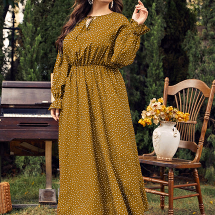 Plus Size Ruffled Polka Dot Long Sleeve Midi Dress