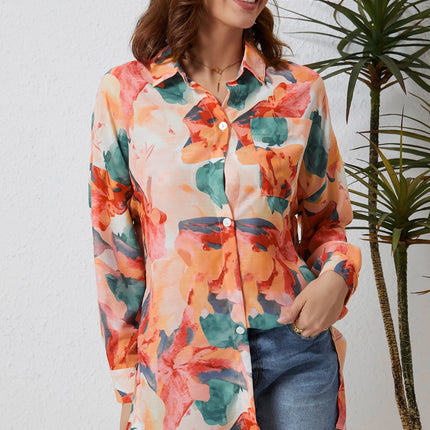 Double Take Floral Long Sleeve Slit Longline Shirt