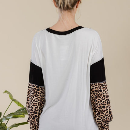 Celeste Full Size Leopard Color Block Exposed Seam T-Shirt