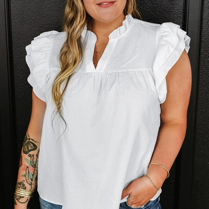 Plus Size Ruffled Notched Cap Sleeve Blouse