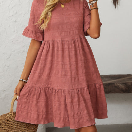 Mandy Ruffled Ruched Round Neck Half Sleeve Dress