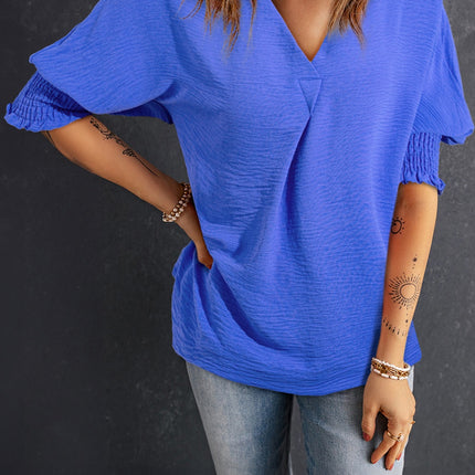 Smocked Johnny Collar Half Sleeve Blouse