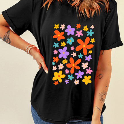 Flower Graphic Round Neck Short Sleeve T-Shirt - Vickie Lynn's