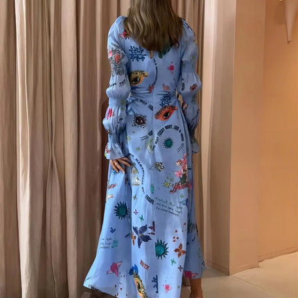 2023 Autumn Print Holiday Women Beach Dress With Belts A-line Long Lantern Sleeve Single Breasted Lapel Seaside Dresses Robe