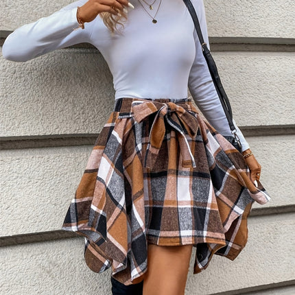 Tied Plaid Asymmetrical Hem Skirt