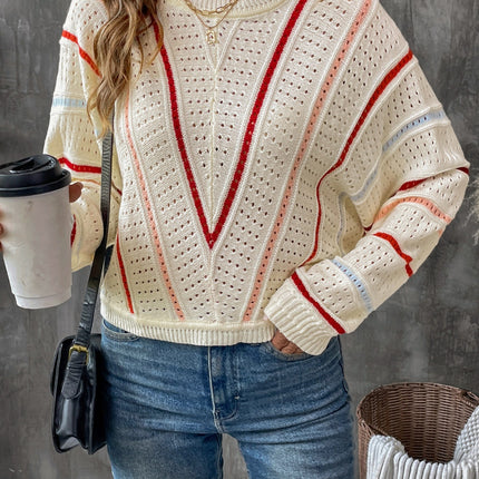 Eyelet Round Neck Long Sleeve Sweater