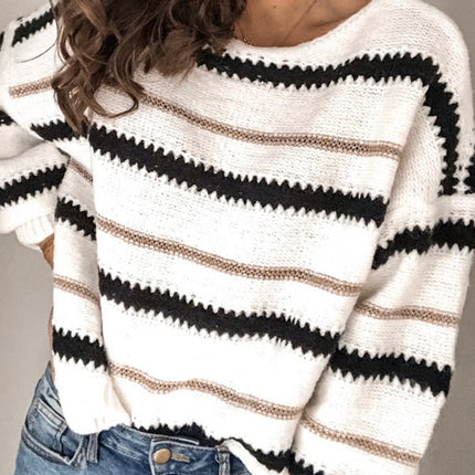 Contrast Striped Round Neck Long Sleeve Sweater