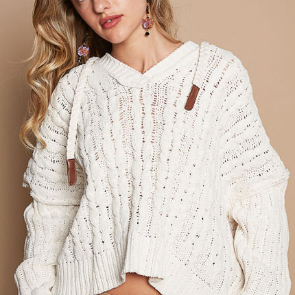 POL Rib Weave Sleeves Hooded Cable Knit Sweater