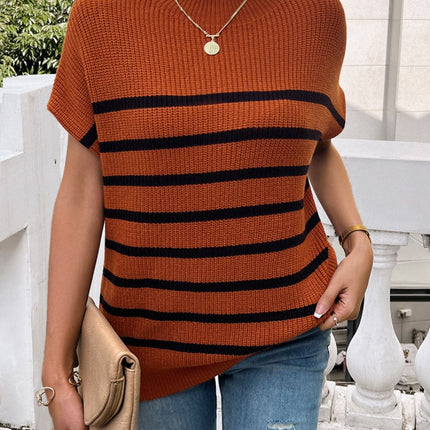 Striped Mock Neck Short Sleeve Sweater