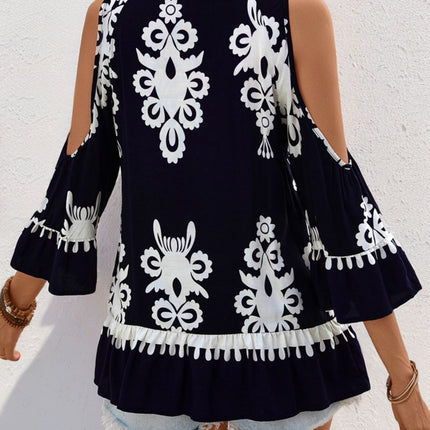 Tassel Printed Tie Neck Cold Shoulder Blouse