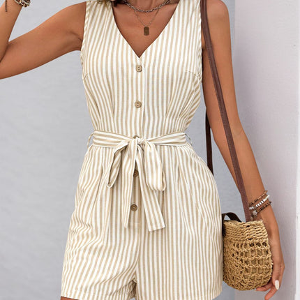 Perfee Striped V-Neck Tie Waist Romper