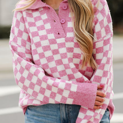 Checkered Collared Neck Long Sleeve Sweater