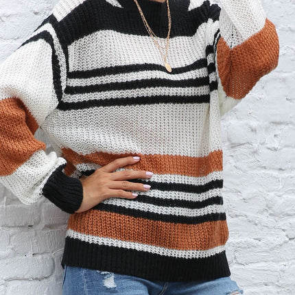 Contrast Striped Round Neck Long Sleeve Sweater