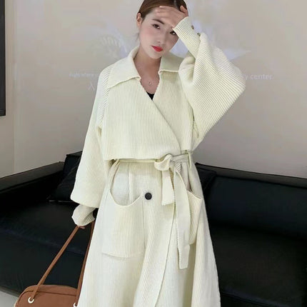 Autumn And Winter New Elegant Belt Knitted Trench Coat For Women