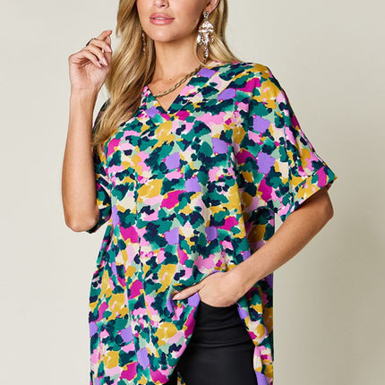 Double Take Full Size Printed V-Neck Short Sleeve Blouse