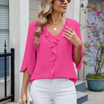 Ruffled V-Neck Three-Quarter Sleeve Blouse