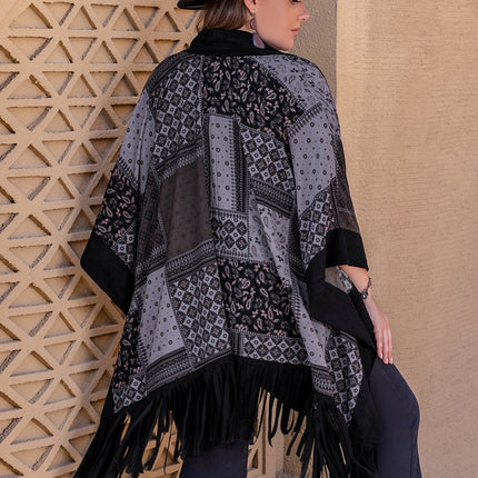 Plus Size Printed Fringe Open Front Outerwear