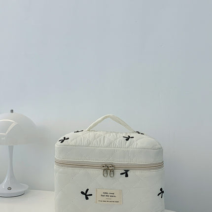 Bow Embroidered Quilted Storage Bag with Zip