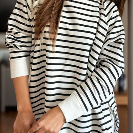 Slit Striped Round Neck Long Sleeve Sweatshirt - Vickie Lynn's