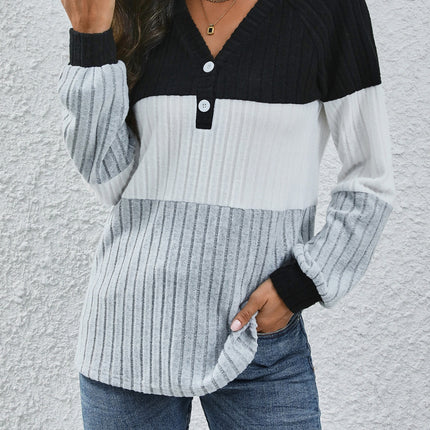 Ribbed Contrast V-Neck Long Sleeve T-Shirt