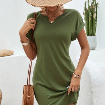 Notched Short Sleeve Mini Tee Dress