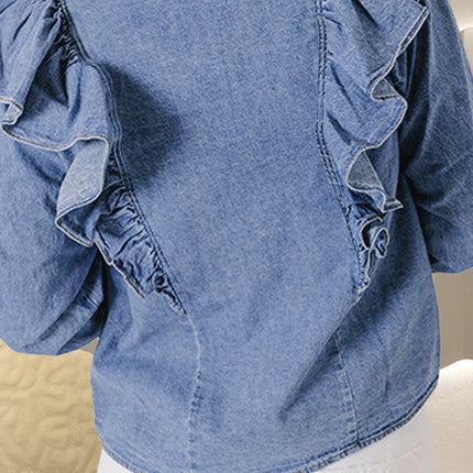 Ruffled Round Neck Long Sleeve Denim Top