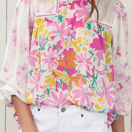 Floral Round Neck Flounce Sleeve Blouse