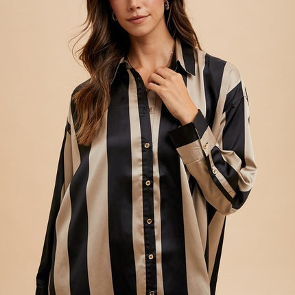 Annie Wear Striped Dropped Shoulder Button Up Shirt