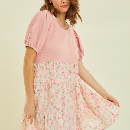 HEYSON Full Size Round Neck Floral Ruffle Hem Mini Dress