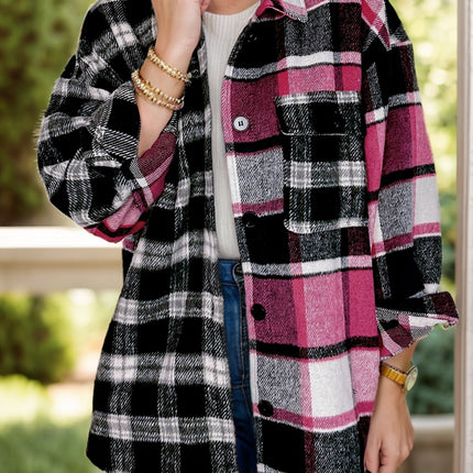 Pocketed Plaid Collared Neck Long Sleeve Shacket