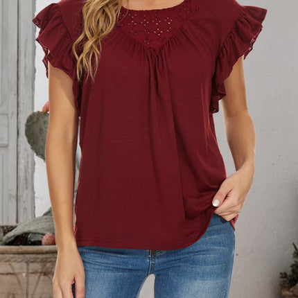 Ruffled Round Neck Cap Sleeve T-Shirt