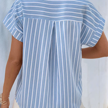 Perfee Half Button Striped Short Sleeve Blouse