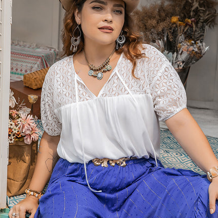 Plus Size Tie Neck Short Sleeve Blouse