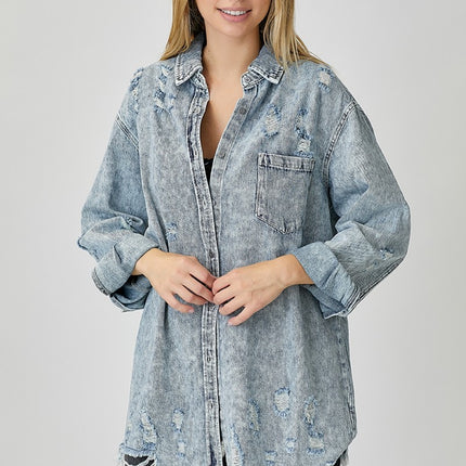 RISEN Distressed Raw Hem Denim Shirt